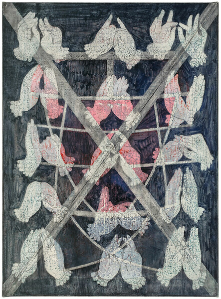 Träge Hände, 2022 – 110 x 80 cm, Tusche; Kreidefarbe und Garn auf Loden; Foto: Studio Jasmin Schmidt