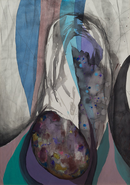 Engel mit Stein, 2019 – 70 x 50 cm; Bleistift, Tusche, Aquarell, Gouache, Pastell auf Papier; Foto Annette Kradisch