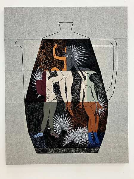 Tanzkanne, 2025 &ndash; 140 x 100 cm; Kasein/Pigment und Garn auf Loden; (Foto: Studio Jasmin Schmidt)