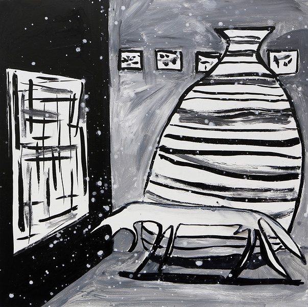 Ausstellung im Winter, 2019 &ndash; 100x100 cm; Tusche und Acryl auf Leinwand; Foto: Tobias Tragl