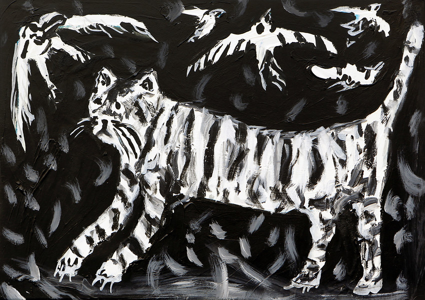 Unglückliche Katze, 2019 &ndash; 50x70 cm; Tusche und Acryl auf Leinwand; Foto: Tobias Tragl