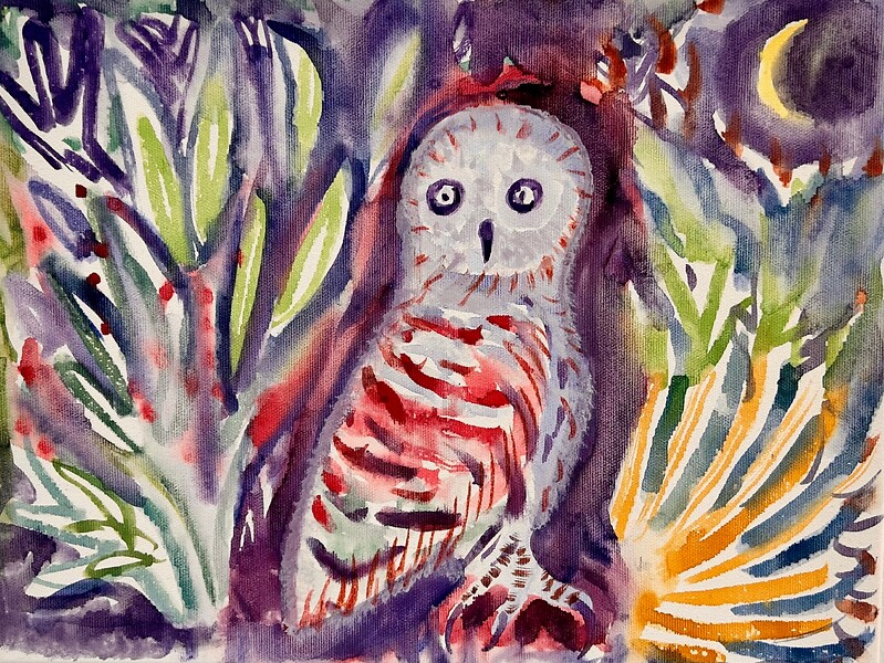 Zwergkauz bei Nacht, 2024 &ndash; 30 x 40 cm, japanische Tusche auf grundierter Leinwand; Foto: Studio Sebastian Tröger