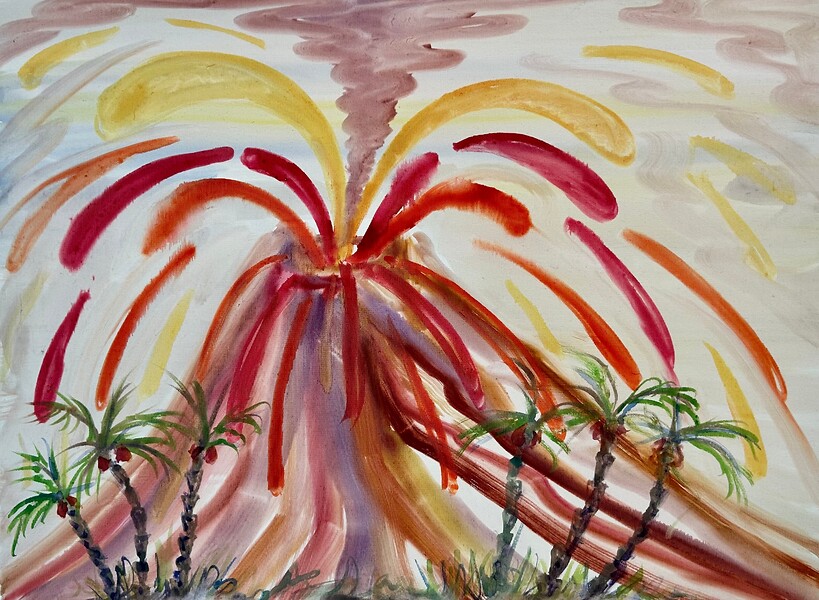 70er Jahre Vulkanausbruch, 2024 &ndash; 60 x 80 cm, japanische Tusche auf grundierter Leinwand; Foto: Studio Sebastian Tröger