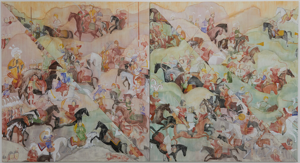 Jasmin Schmidt, Geteilte Schlacht, 2024 (2-teilig) &ndash; je 190 x 175 cm; Kasein/Pigment, Tusche und Garn auf Leinen (Foto: Studio Jasmin Schmidt)