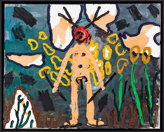Sebastian Tröger, A.R. Penck spielt heute kein Schlagzeug, 2022 &ndash; 42cm x 52cm; Öl und Acryl auf Leinwand; Foto: Tim Hufnagl