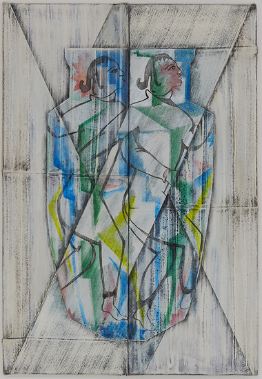 Jasmin Schmidt, Im Doppel, 2024 &ndash; 70 x 48 cm; Kreidefarbe,Tusche und Garn auf Loden (Foto: Studio Jasmin Schmidt)