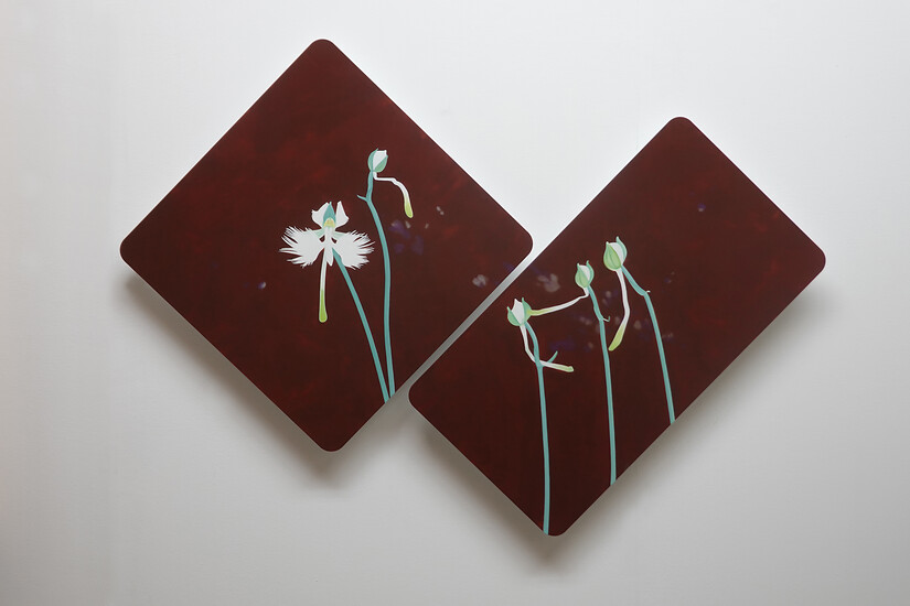 vg-0723-0, 2023 &ndash; 56x56+74x40x4,5cm; 
Öl/Aluminiumschichtplatte; (Foto: Studio Christian Faul, 2023)