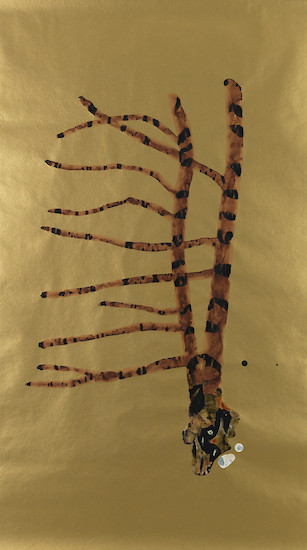 Ohne Titel (Blatt AG), 2015/2016 &ndash; 122 x 70 cm; Tusche auf goldenem Papier