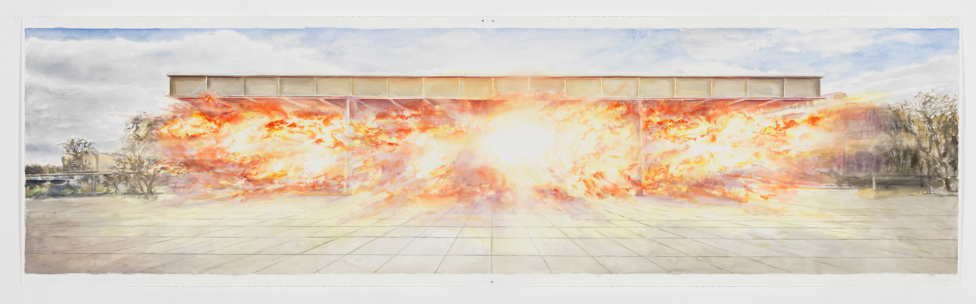 "Neue Nationalgalerie, Berlin", 2017 aus der Serie Museumslandschaften &ndash; 114 x 398 cm; Aquarell; Foto: Annette Kradisch