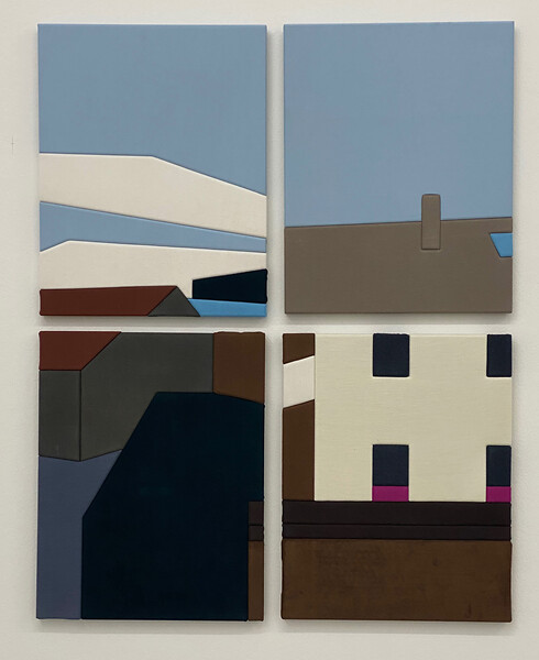 Splitter #3, (4-teilig), 2021 &ndash; à 48 x 38 cm  - Hängung variabel; Stoffe ausrangierter Kleidungsstücke auf Holzplatten;